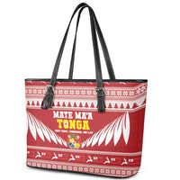 Tonga Rugby Christmas Leather Tote Bag Mate Maa Tonga Ngatu Pattern - Polynesian Pride