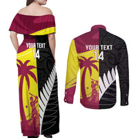 New Zealand and West Indies Cricket Custom Couples Matching Off Shoulder Maxi Dress and Long Sleeve Button Shirt Black Cap Windies Together - Polynesian Pride