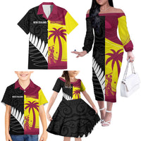 New Zealand and West Indies Cricket Custom Family Matching Off The Shoulder Long Sleeve Dress and Hawaiian Shirt Black Cap Windies Together LT14 - Polynesian Pride