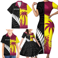 New Zealand and West Indies Cricket Custom Family Matching Short Sleeve Bodycon Dress and Hawaiian Shirt Black Cap Windies Together LT14 - Polynesian Pride