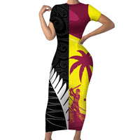New Zealand and West Indies Cricket Custom Family Matching Short Sleeve Bodycon Dress and Hawaiian Shirt Black Cap Windies Together LT14 Mom's Dress Black - Polynesian Pride