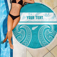 New Zealand Silver Fern Cricket Custom Beach Blanket Black Cap Teal Maori Pattern - Polynesian Pride