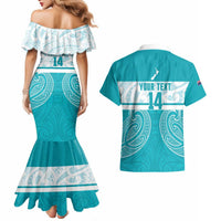 New Zealand Silver Fern Cricket Custom Couples Matching Mermaid Dress and Hawaiian Shirt Black Cap Teal Maori Pattern - Polynesian Pride
