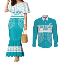 New Zealand Silver Fern Cricket Custom Couples Matching Mermaid Dress and Long Sleeve Button Shirt Black Cap Teal Maori Pattern - Polynesian Pride
