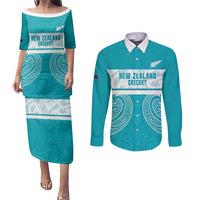 New Zealand Silver Fern Cricket Custom Couples Matching Puletasi and Long Sleeve Button Shirt Black Cap Teal Maori Pattern LT14 Teal - Polynesian Pride