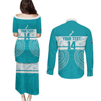 New Zealand Silver Fern Cricket Custom Couples Matching Puletasi and Long Sleeve Button Shirt Black Cap Teal Maori Pattern LT14 - Polynesian Pride