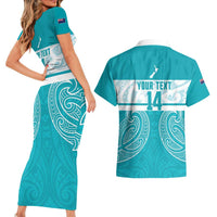 New Zealand Silver Fern Cricket Custom Couples Matching Short Sleeve Bodycon Dress and Hawaiian Shirt Black Cap Teal Maori Pattern - Polynesian Pride