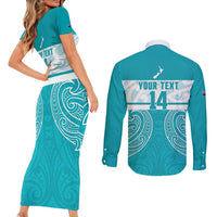 New Zealand Silver Fern Cricket Custom Couples Matching Short Sleeve Bodycon Dress and Long Sleeve Button Shirt Black Cap Teal Maori Pattern LT14 - Polynesian Pride