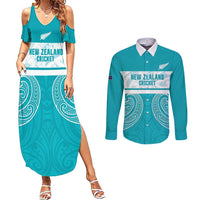 New Zealand Silver Fern Cricket Custom Couples Matching Summer Maxi Dress and Long Sleeve Button Shirt Black Cap Teal Maori Pattern LT14 Teal - Polynesian Pride