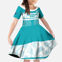 New Zealand Silver Fern Cricket Custom Family Matching Long Sleeve Bodycon Dress and Hawaiian Shirt Black Cap Teal Maori Pattern LT14 Daughter's Dress Teal - Polynesian Pride