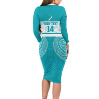 New Zealand Silver Fern Cricket Custom Family Matching Long Sleeve Bodycon Dress and Hawaiian Shirt Black Cap Teal Maori Pattern LT14 - Polynesian Pride