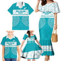 New Zealand Silver Fern Cricket Custom Family Matching Mermaid Dress and Hawaiian Shirt Black Cap Teal Maori Pattern - Polynesian Pride