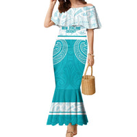 New Zealand Silver Fern Cricket Custom Family Matching Mermaid Dress and Hawaiian Shirt Black Cap Teal Maori Pattern LT14 Mom's Dress Teal - Polynesian Pride