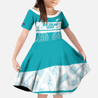 New Zealand Silver Fern Cricket Custom Family Matching Off The Shoulder Long Sleeve Dress and Hawaiian Shirt Black Cap Teal Maori Pattern LT14 Daughter's Dress Teal - Polynesian Pride