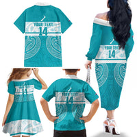 New Zealand Silver Fern Cricket Custom Family Matching Off The Shoulder Long Sleeve Dress and Hawaiian Shirt Black Cap Teal Maori Pattern LT14 - Polynesian Pride
