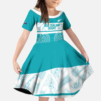 New Zealand Silver Fern Cricket Custom Family Matching Off Shoulder Maxi Dress and Hawaiian Shirt Black Cap Teal Maori Pattern LT14 Daughter's Dress Teal - Polynesian Pride