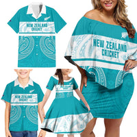New Zealand Silver Fern Cricket Custom Family Matching Off Shoulder Short Dress and Hawaiian Shirt Black Cap Teal Maori Pattern LT14 - Polynesian Pride