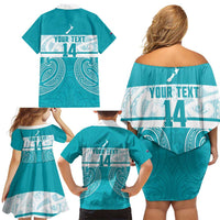 New Zealand Silver Fern Cricket Custom Family Matching Off Shoulder Short Dress and Hawaiian Shirt Black Cap Teal Maori Pattern LT14 - Polynesian Pride