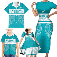 New Zealand Silver Fern Cricket Custom Family Matching Short Sleeve Bodycon Dress and Hawaiian Shirt Black Cap Teal Maori Pattern - Polynesian Pride