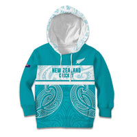 New Zealand Silver Fern Cricket Custom Kid Hoodie Black Cap Teal Maori Pattern - Polynesian Pride