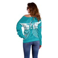 New Zealand Silver Fern Cricket Custom Off Shoulder Sweater Black Cap Teal Maori Pattern - Polynesian Pride