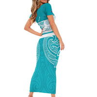 New Zealand Silver Fern Cricket Custom Short Sleeve Bodycon Dress Black Cap Teal Maori Pattern - Polynesian Pride