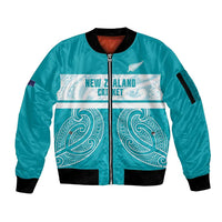 New Zealand Silver Fern Cricket Custom Sleeve Zip Bomber Jacket Black Cap Teal Maori Pattern - Polynesian Pride