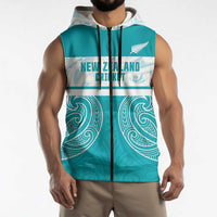 New Zealand Silver Fern Cricket Custom Sleeveless Zip Hoodie Black Cap Teal Maori Pattern LT14 - Polynesian Pride