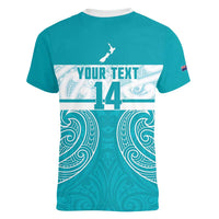 New Zealand Silver Fern Cricket Custom Women V-Neck T-Shirt Black Cap Teal Maori Pattern LT14 - Polynesian Pride
