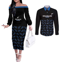 New Zealand Silver Fern Cricket Custom Couples Matching Off The Shoulder Long Sleeve Dress and Long Sleeve Button Shirt Black Cap T20 Version - Polynesian Pride