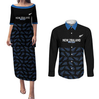 New Zealand Silver Fern Cricket Custom Couples Matching Puletasi and Long Sleeve Button Shirt Black Cap T20 Version LT14 Black - Polynesian Pride