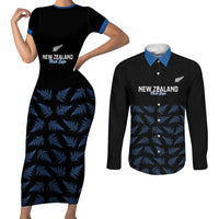 New Zealand Silver Fern Cricket Custom Couples Matching Short Sleeve Bodycon Dress and Long Sleeve Button Shirt Black Cap T20 Version LT14 Black - Polynesian Pride