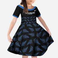 New Zealand Silver Fern Cricket Custom Family Matching Off Shoulder Short Dress and Hawaiian Shirt Black Cap T20 Version LT14 Daughter's Dress Black - Polynesian Pride
