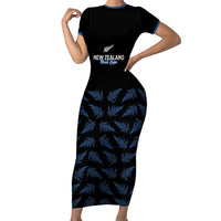 New Zealand Silver Fern Cricket Custom Short Sleeve Bodycon Dress Black Cap T20 Version LT14 Long Dress Black - Polynesian Pride