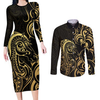 Gold And Black Aoteara Horse Racing Couples Matching Long Sleeve Bodycon Dress and Long Sleeve Button Shirt NZ Maori Pattern