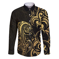 Gold And Black Aotearoa Horse Racing Family Matching Off Shoulder Maxi Dress and Hawaiian Shirt NZ Maori Pattern LT14 Dad's Shirt - Long Sleeve Black - Polynesian Pride