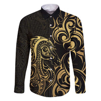Gold And Black Aotearoa Horse Racing Family Matching Puletasi and Hawaiian Shirt NZ Maori Pattern LT14 Dad's Shirt - Long Sleeve Black - Polynesian Pride