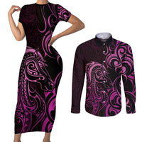 Pink Aoteara Horse Racing Couples Matching Short Sleeve Bodycon Dress and Long Sleeve Button Shirt NZ Maori Pattern