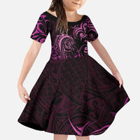 Pink Aotearoa Horse Racing Family Matching Off Shoulder Maxi Dress and Hawaiian Shirt NZ Maori Pattern LT14 Daughter's Dress Pink - Polynesian Pride