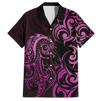 Pink Aotearoa Horse Racing Family Matching Off Shoulder Short Dress and Hawaiian Shirt NZ Maori Pattern LT14 Dad's Shirt - Short Sleeve Pink - Polynesian Pride