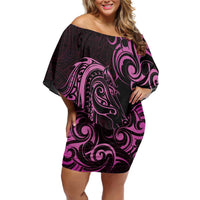 Pink Aotearoa Horse Racing Family Matching Off Shoulder Short Dress and Hawaiian Shirt NZ Maori Pattern LT14 Mom's Dress Pink - Polynesian Pride