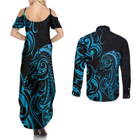 Blue Aoteara Horse Racing Couples Matching Summer Maxi Dress and Long Sleeve Button Shirt NZ Maori Pattern