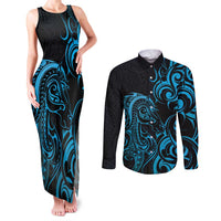 Blue Aoteara Horse Racing Couples Matching Tank Maxi Dress and Long Sleeve Button Shirt NZ Maori Pattern