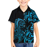Blue Aotearoa Horse Racing Family Matching Long Sleeve Bodycon Dress and Hawaiian Shirt NZ Maori Pattern LT14 Son's Shirt Blue - Polynesian Pride