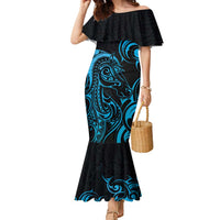 Blue Aotearoa Horse Racing Family Matching Mermaid Dress and Hawaiian Shirt NZ Maori Pattern LT14 Mom's Dress Blue - Polynesian Pride
