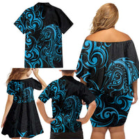Blue Aotearoa Horse Racing Family Matching Off Shoulder Short Dress and Hawaiian Shirt NZ Maori Pattern LT14 - Polynesian Pride