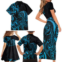 Blue Aotearoa Horse Racing Family Matching Short Sleeve Bodycon Dress and Hawaiian Shirt NZ Maori Pattern LT14 - Polynesian Pride