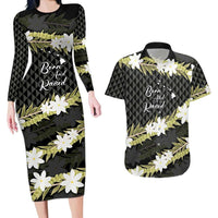 Born And Raised Aloha Hawaii Couples Matching Long Sleeve Bodycon Dress and Hawaiian Shirt Kanaka Kakau Hawaiian Tiare Pakalana Lei LT14 Black - Polynesian Pride