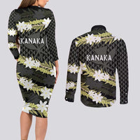 Born And Raised Aloha Hawaii Couples Matching Long Sleeve Bodycon Dress and Long Sleeve Button Shirt Kanaka Kakau Hawaiian Tiare Pakalana Lei - Polynesian Pride