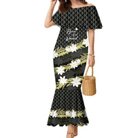 Born And Raised Aloha Hawaii Family Matching Mermaid Dress and Hawaiian Shirt Kanaka Kakau Hawaiian Tiare Pakalana Lei LT14 Mom's Dress Black - Polynesian Pride